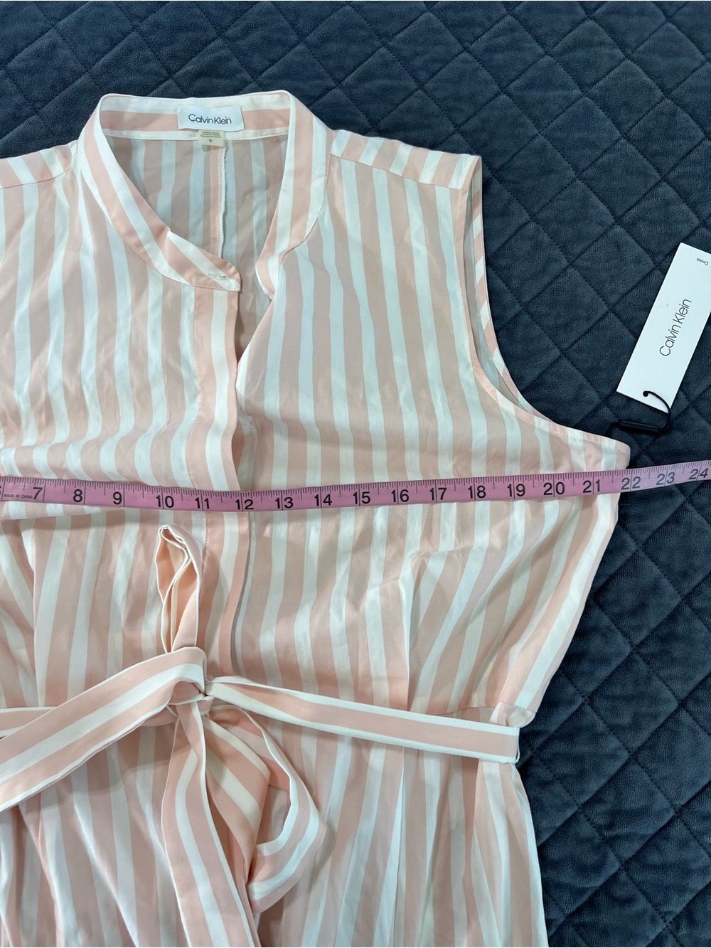 Calvin Klein Dress Women’s Size 16 Stripe Fit & Flare Waist Tie Button Down B25 - Picture 9 of 10